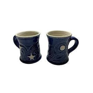 Handmade Art Ceramic Pottery Pair Of Sun And Moon Mugs Blue And White 2 Cups